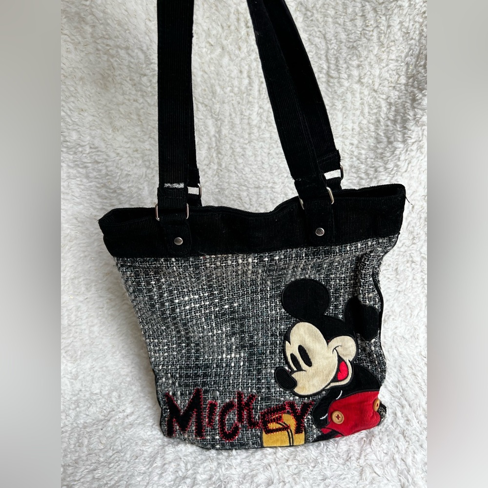 Disneyland Embroidered Mickey Mouse Black Tweed Tote Bag Book Bag